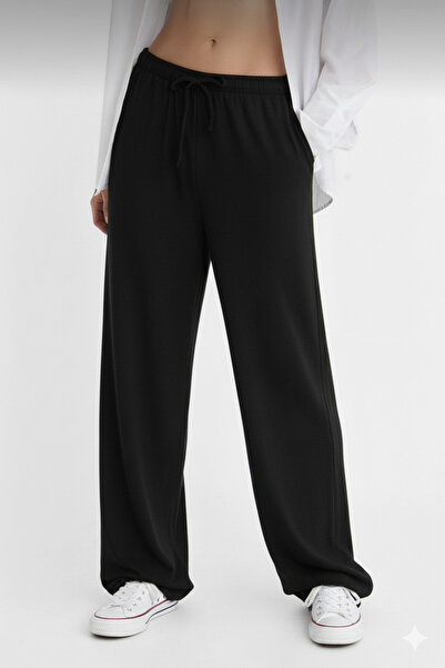jeneric Women's Black Elastic Waist Lined Linen Blend High Waist Palazzo Pants