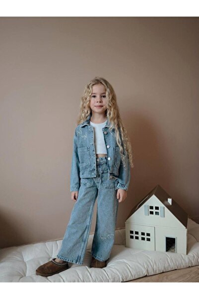 YİGİT BUTİK طقم بناتي من قماش الدنيم المزخرف بفيونكة