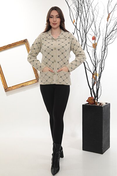GÖMLEK GALERİSİ Women's Angora Patterned Polo Neck Cardigan Standard Fit (38-50)