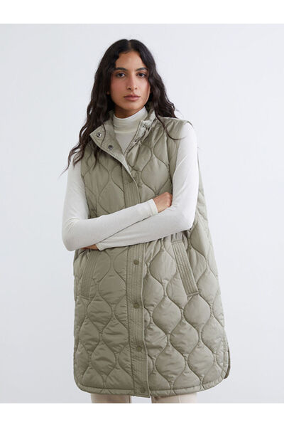 LC Waikiki Khaki Stand Collar Quilted Women's Puffer Vest