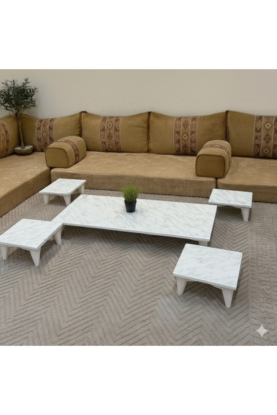 terndat طقم طاولات ارضي خشب شكل مستطيل لون ابيض مع 4 خدمة