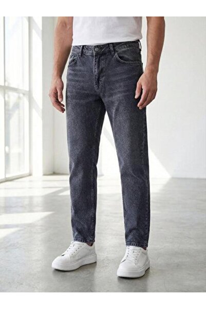 Store Erkek Koyu Gri Yıkamalı Boyfriend Denim Pantolon - %98 Pamuklu Esnek Ra...