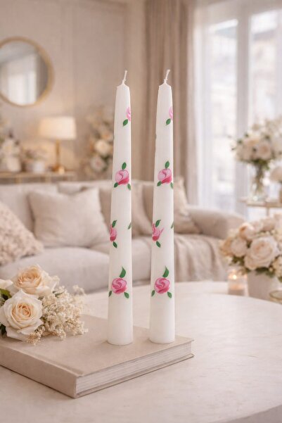 AY HOME 2 Adet Pembe Gül Desenli Mum Seti | Masa ve Ev Dekorasyonu El Yapımı ...