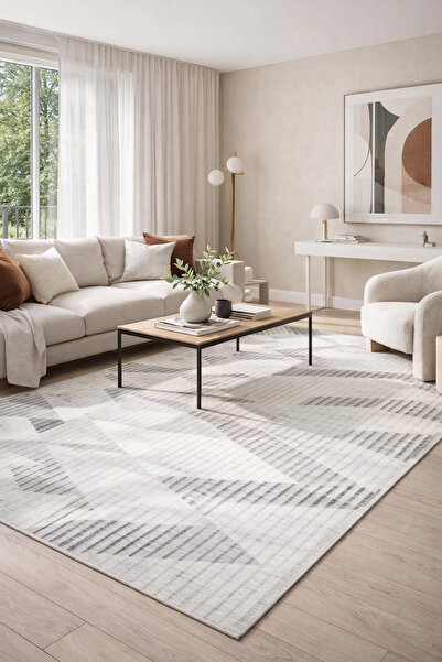 Decomia Home Dijital Kaymaz Yıkanabilir Modern Gri Krem Salon Halısı Mutfak H...