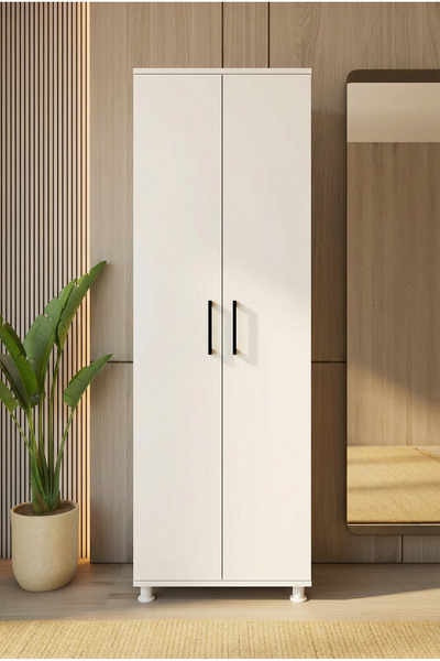 MONTENERO Portmanto Vestiyer 2 Kapaklı Ayakkabılık Hol Giriş Düzenleyici Parlak Beyaz 60x180 Cm