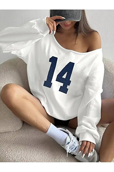 OVER HEAD Hanorac oversize cu imprimeu pentru femei, cu gât tip barcă, 14