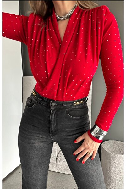 BERİ BUTİK Kadın taş işlemeli kırmızı bodysuit