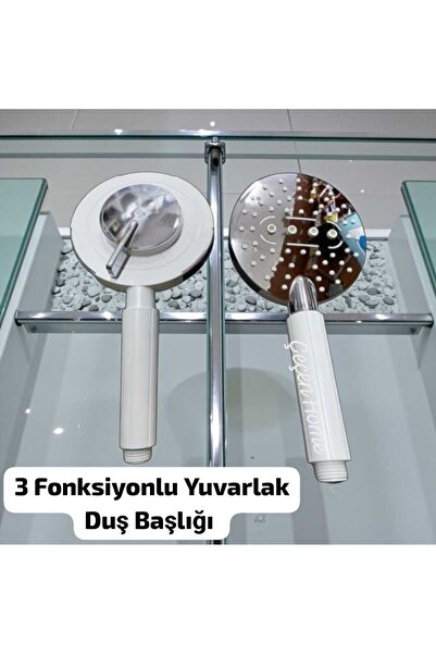 ÇEÇEN HOME 3 Fonksiyonlu Yuvarlak Duş Başlığı Su Tasarruflu Yuvarlak Duş Tele...