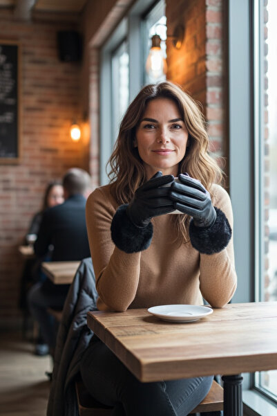 LOVE Premium Kürklü Kadın Siyah şık eldiven-Telefon ile kullanılabilir