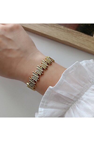 LENTE AKSESUAR 14K Altın Kaplama Akordiyon Zirkon Taşlı Kadın Bileklik