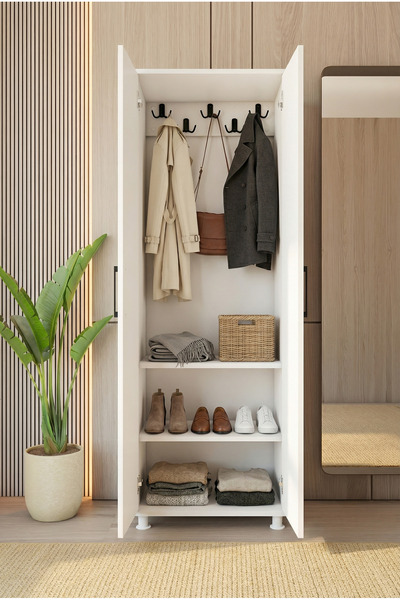 MONTENERO Portmanto Parlak Beyaz Ayakkabılık Vestiyer 2 Kapaklı