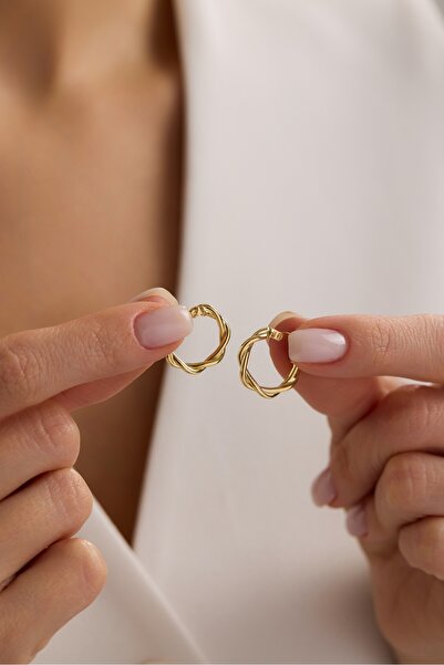 Nereze 925 Ayar Gümüş Gold Kaplama Minimal 15 mm Halka Çift Sarmal Şarnel Küpe