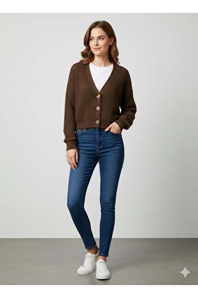 Paydey Wooden Buttoned Women's Knit Cardigan