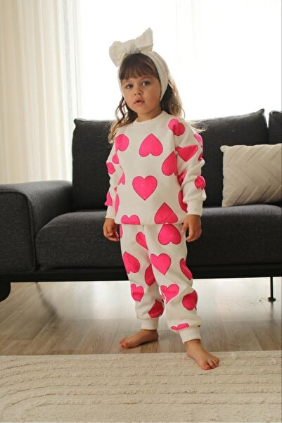 Giyimodam Three Yarns Ş Fleece-Lined Heart B Printed Girls' Casual Suit