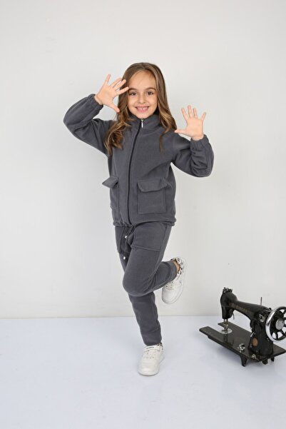 Giyimodam Shaved Fleece Rubber Laced Double Pocket Casual Girls' Set