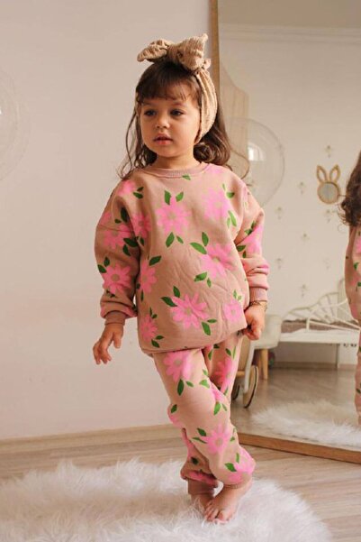 Giyimodam Three Yarns Sh Fleece-Lined Flower B Printed Girls' Casual Suit