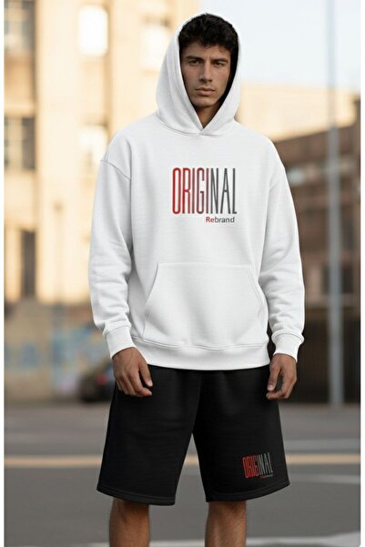 REBRAND Fleece-Lined Sweatpants Shorts Set Printed Oversized Hooded Sweatshir...