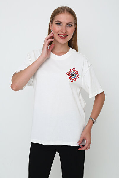 Perlano Nazar Koleksiyonu Kökler Serisi / Motif Nakışlı %100 Pamuk Oversize B...