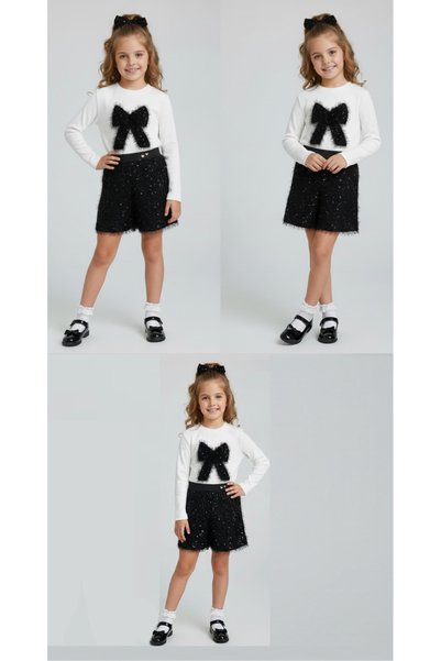 inebolu kids Girl's 2-Piece Dress Set with Shorts and Sequined Bow Detail