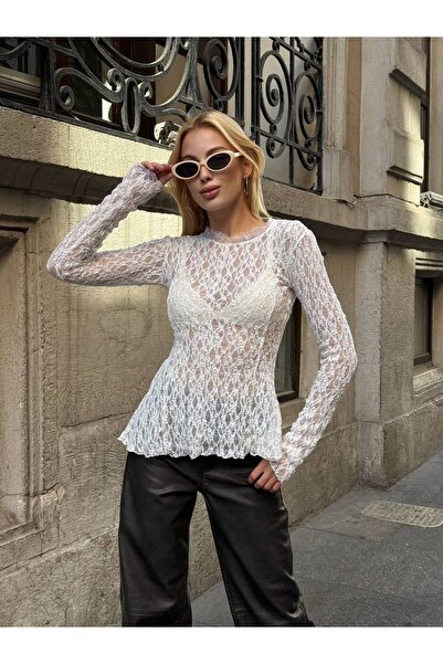 chize Bluză din dantelă cu design elegant, decolteu tip bicicletă, croială as...