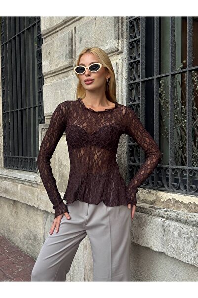 sportiness Asymmetric Cut Crew Neck Textured Sporty Chic Design Full Stretch Lace Blouse