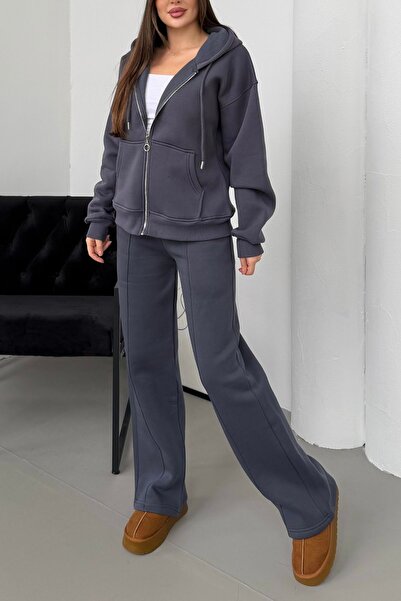 Mezka Set de trening cu fermoar afumat K croială K cu glugă confortabil, cu f...