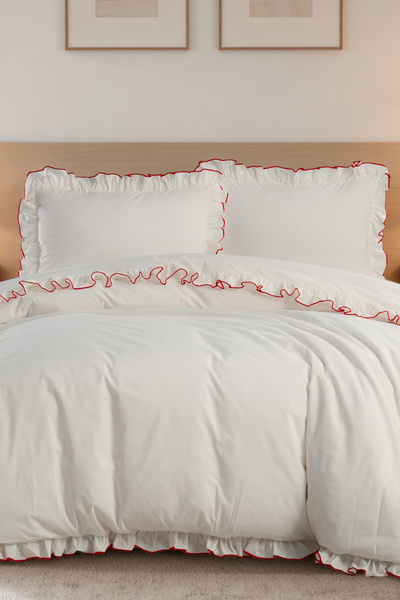Magnolia Vintage Ruffled Double Duvet Cover Set - Red Piped , Cotton, Cream C...