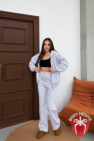 Mezka Fleece Inside Comfortable Cut K Hooded Gray Zippered Tracksuit Set