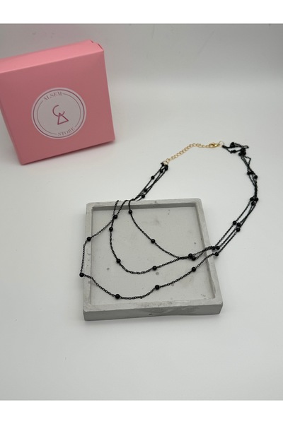 Alsem Black Beaded Long Chain Necklace, Minimal Bead Detailed Stylish Daily Women's Necklace