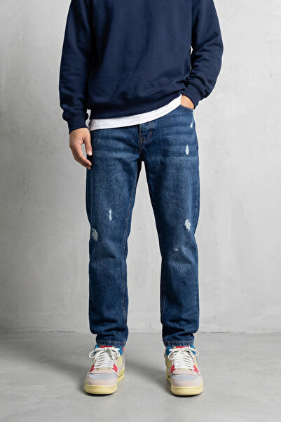 MADZEYMODA Boyfriend Carrot Cut Blue Denim Ripped Detail Men's Jean Denim Pan...