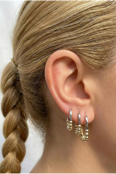 PRVT YSX 14K Altın Kaplama Minimal Top Detaylı Halka Küpe Seti