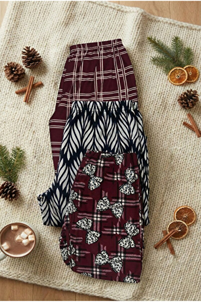 Modaley Giyim Women's Burgundy Plaid Bow Patterned 3-Piece Suede Pajama Botto...