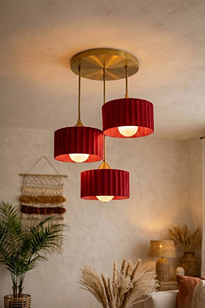 Findify Store Bohem Kırmızı Üçlü Sarkıt Avize Ayarlanabilir Kablolu Rustik Am...