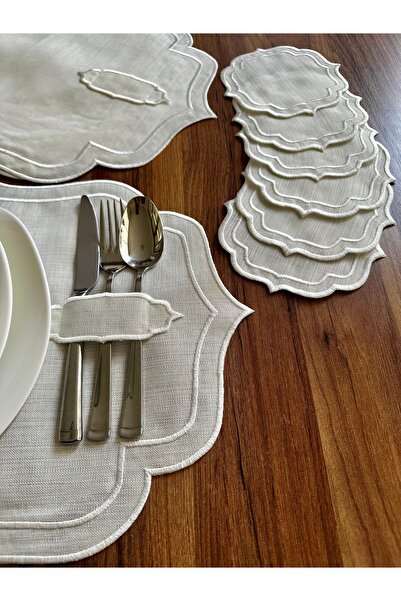 NURHAN HOME COLLECTION Çift Sıra Ekru Nakışlı 12 Parça Amerikan Servis ve Kahve Yanı Sunum Peçetesi
