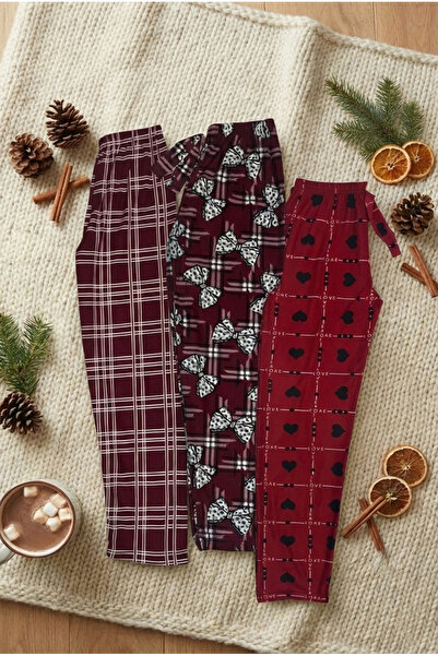 Pi Giyim Women's Burgundy Plaid Bow and Love Patterned 3-Piece Suede Pajama B...