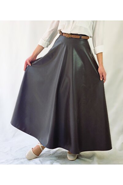 YAXİ Brown Leather High Waist Maxi Length Flare Skirt
