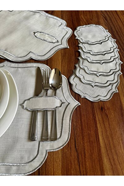 NURHAN HOME COLLECTION Çift Sıra Gümüş Nakışlı 12 Parça Amerikan Servis ve Kahve Yanı Sunum Peçetesi