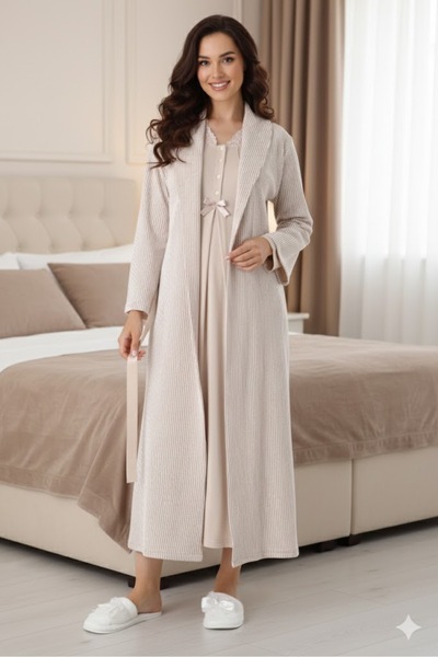 Lohusa Dünyasi Women's Shawl Collar Lace Maternity Nightgown Dressing Gown Set