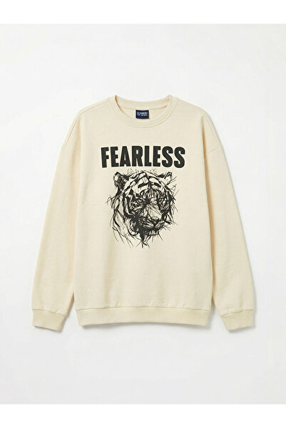 LC Waikiki Lcw Детски бежов мъжки суичър с щампа с кръгла яка