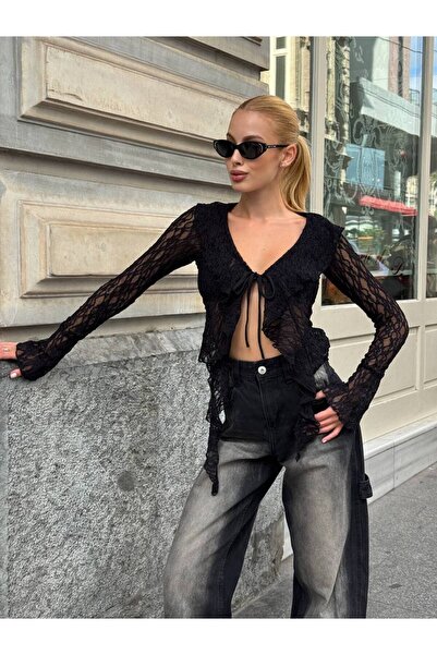 chize Δαντελένια μπλούζα με ελαστική λεπτομέρεια δεσίματος και σχέδιο βολάν