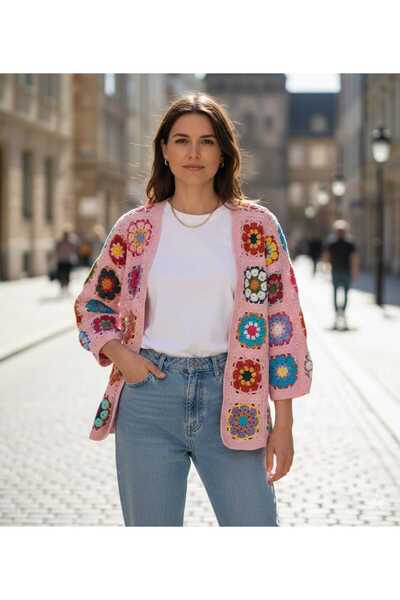 NEXT LİFE STORE El Yapımı Renkli Motifli Örgü Hırka – Granny Square, Bohem Stil