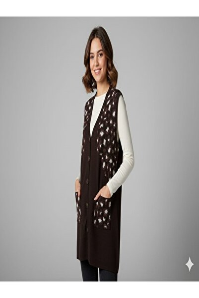 onno style woman Silvery Leopard Print Knitwear Classic Buttoned Vest