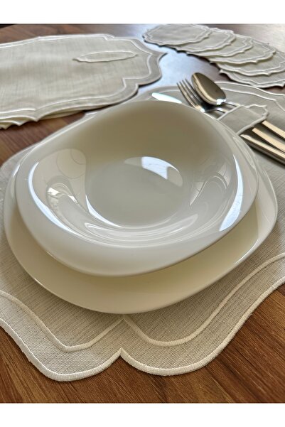 NURHAN HOME COLLECTION Çift Sıra Ekru Nakışlı 12 Parça Amerikan Servis ve Kahve Yanı Sunum Peçetesi