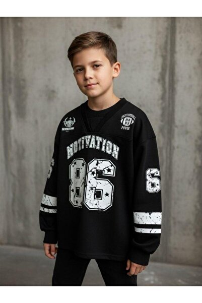 Zekids Swea cu decolteu în V pentru copii cu imprimeu supradimensionat Design...