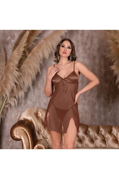 EFİL EFİL Kadın Açık Kahve Tül Gecelik Saten Sütyen Tek Parça Gecelik Fiyonk ...