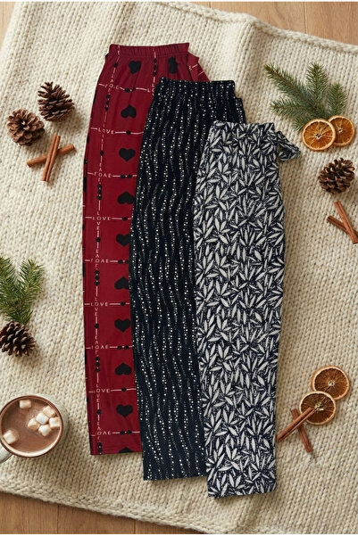 PİERLES Women's Love Written and Leaf Patterned 3-Piece Suede Pajama Bottom Set