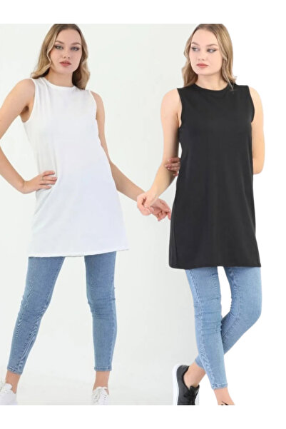 dgs look 2-Pack Black-White Women's Sleeveless Oversized Undershirt Blouse