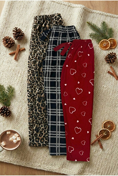 SİERNA Γυναικείο σετ πιτζάμα 3 τεμαχίων από σουέτ με καρό λεοπάρ και σχέδιο κ...