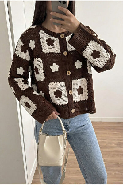 FEMELLE Women's Brown Hollow Out Knitwear Cardigan Buttoned Vintage Patchwork...