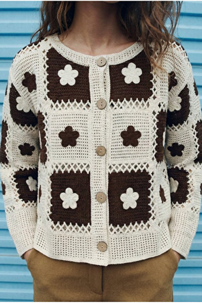 FEMELLE Women's Beige Openwork Knitwear Cardigan Buttoned Vintage Patchwork P...